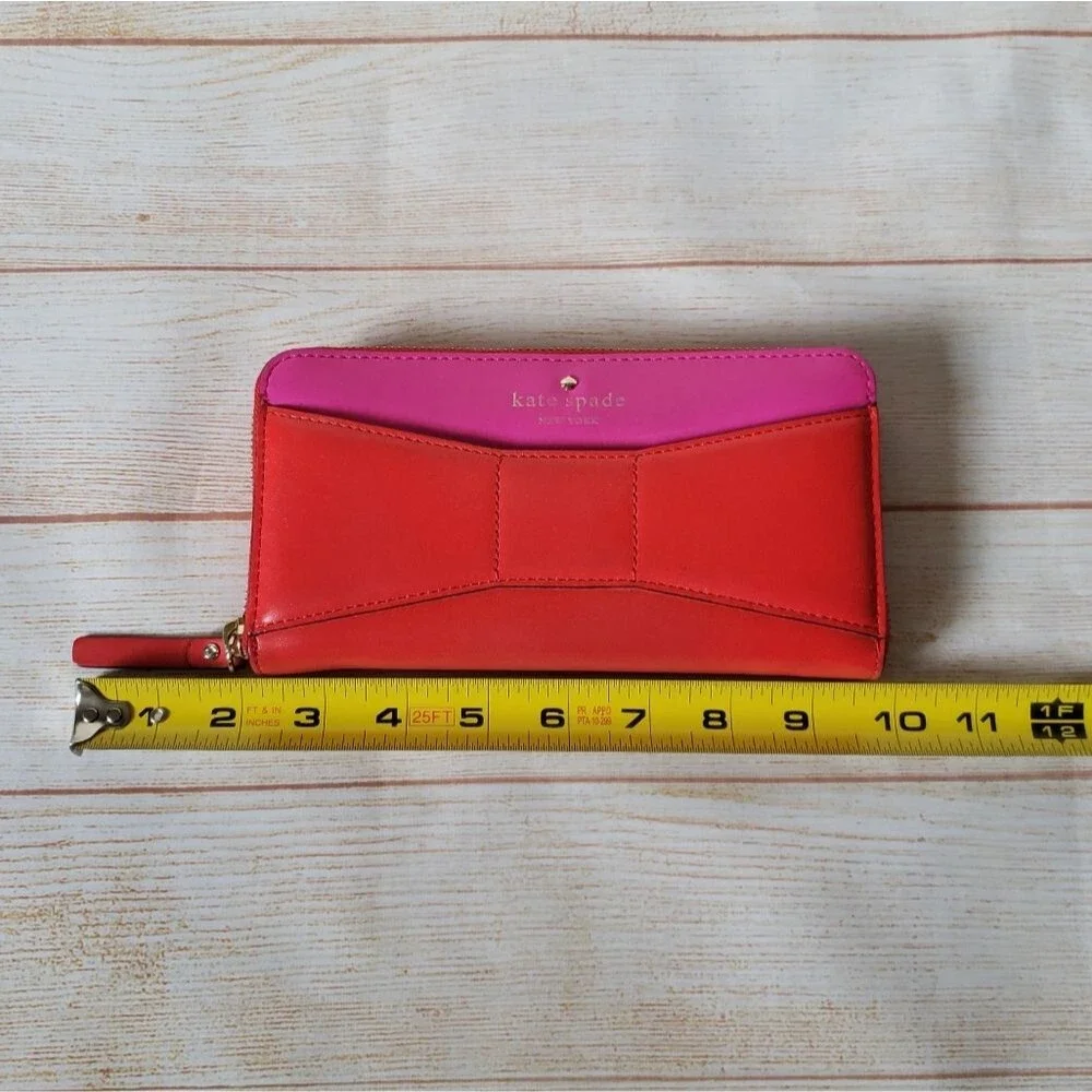 Kate Spade Leather Neda Bridge Place Zip Around Long Wallet Bow Pink Red
